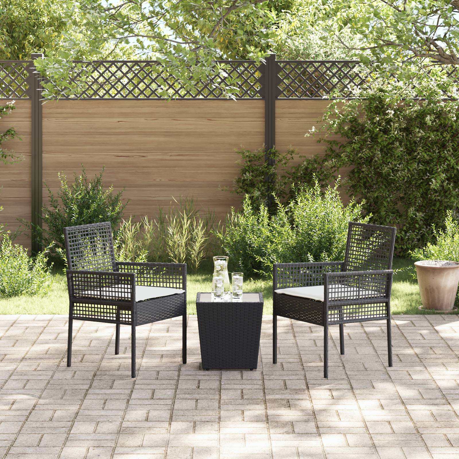 vidaXL 3-tlg. Garten-Bistroset mit Kissen Schwarz Poly Rattan