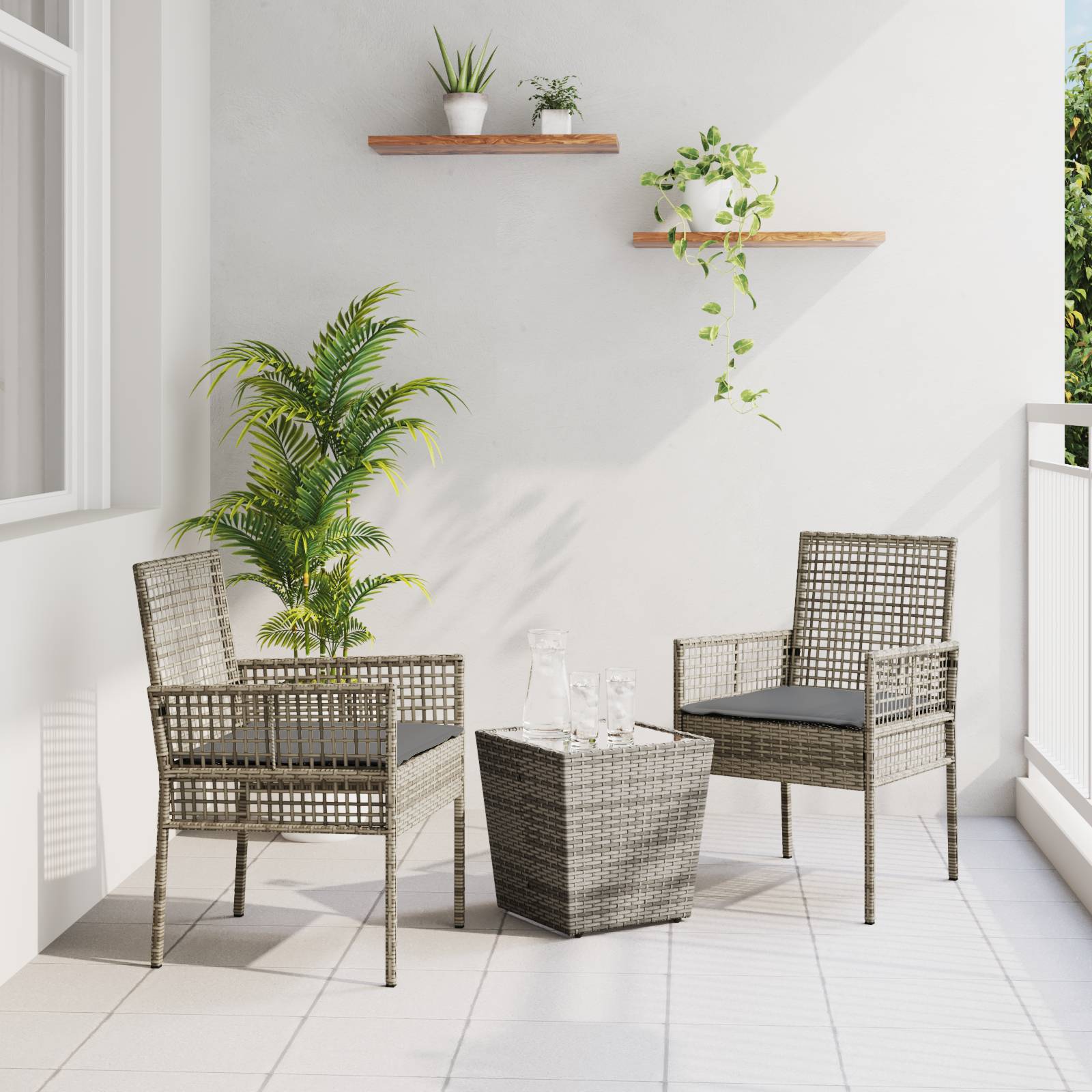 vidaXL 3-tlg. Garten-Bistroset mit Kissen Grau Poly Rattan