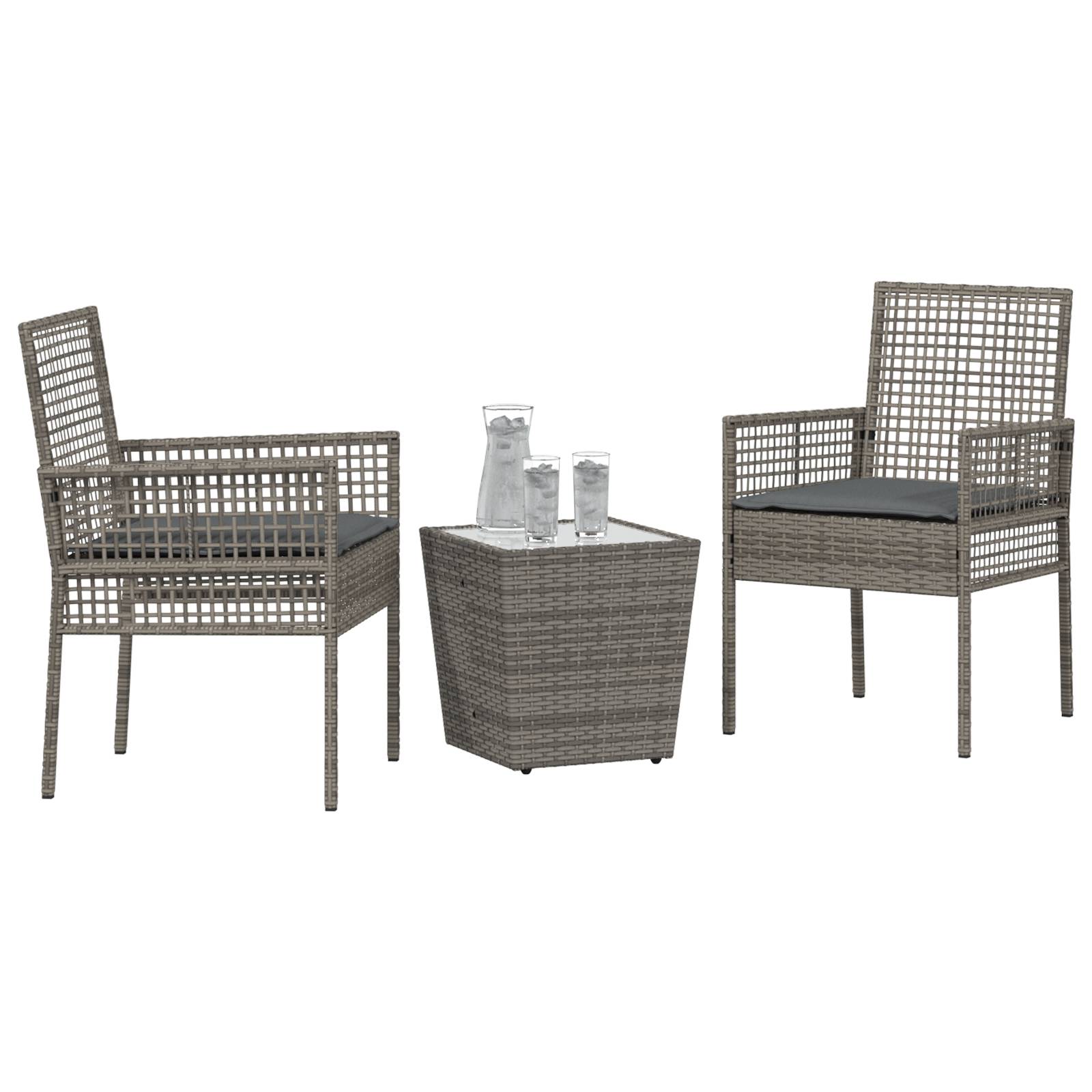 vidaXL 3-tlg. Garten-Bistroset mit Kissen Grau Poly Rattan