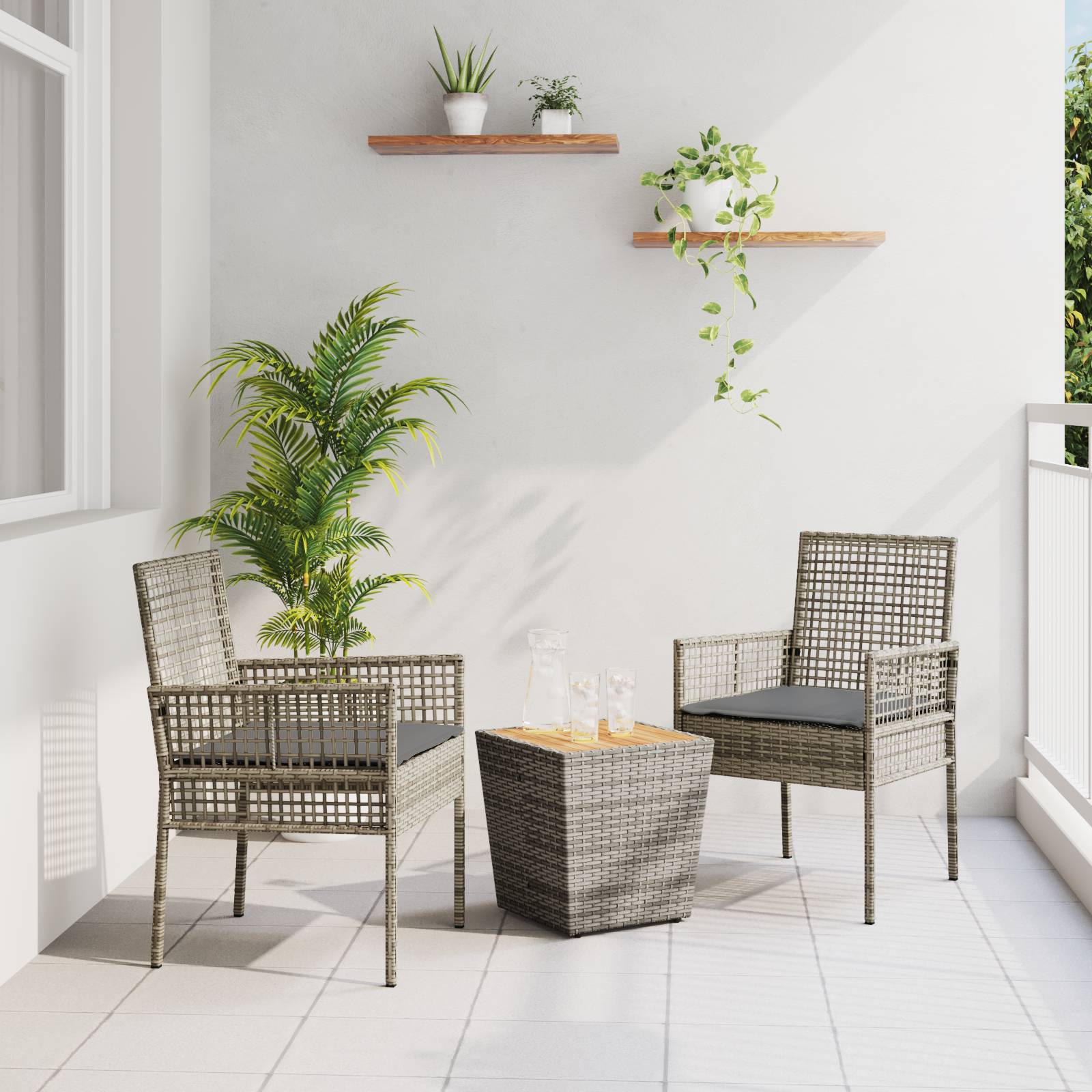 vidaXL 3-tlg. Garten-Bistroset mit Kissen Grau Poly Rattan