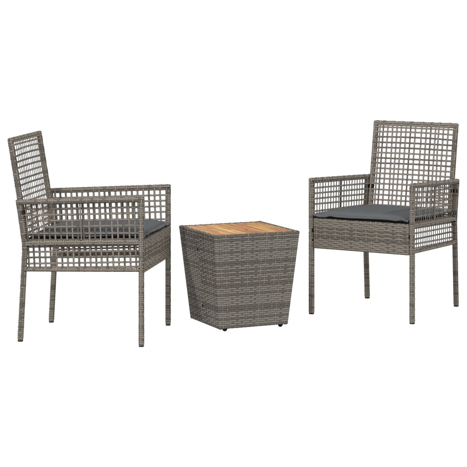 vidaXL 3-tlg. Garten-Bistroset mit Kissen Grau Poly Rattan