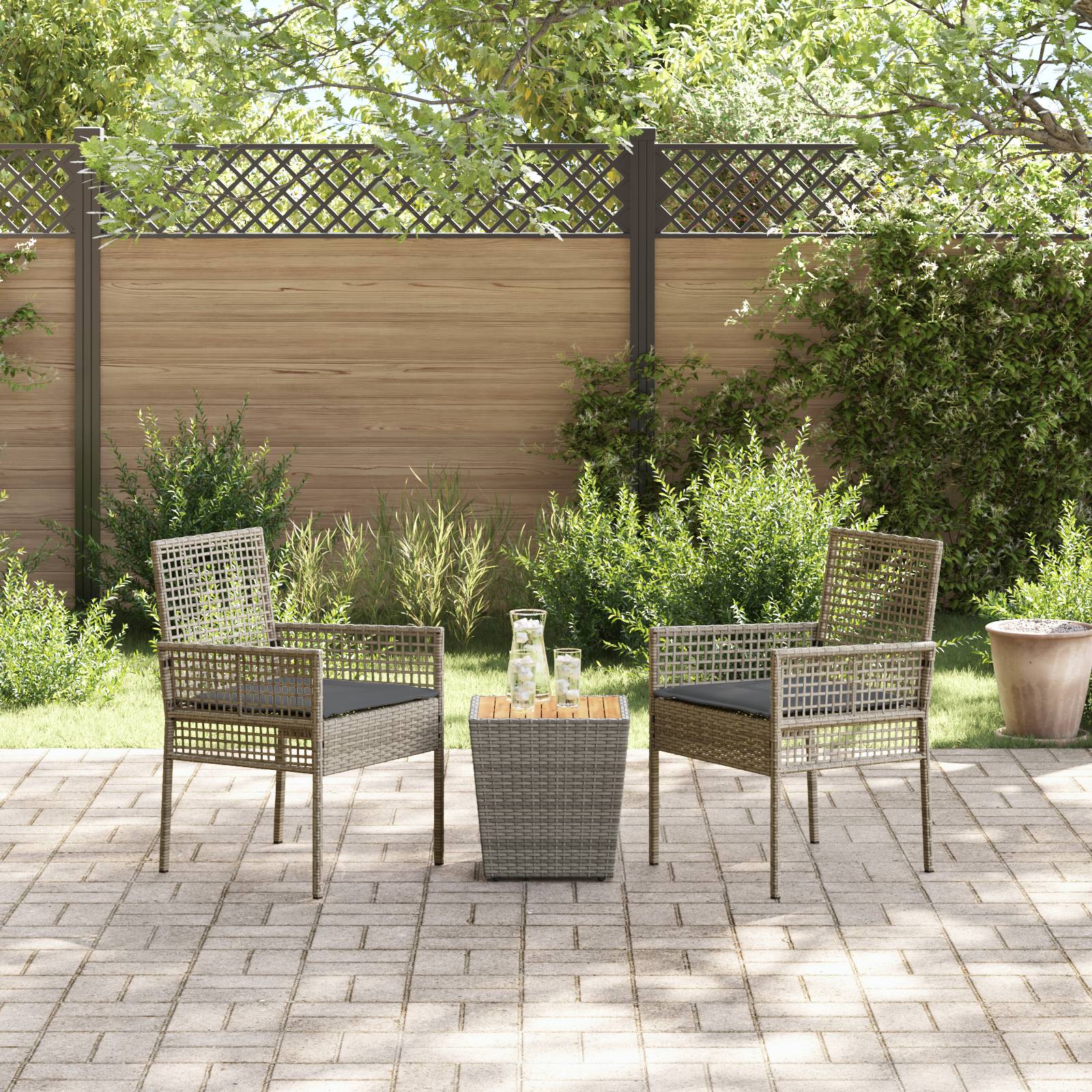 vidaXL 3-tlg. Garten-Bistroset mit Kissen Grau Poly Rattan