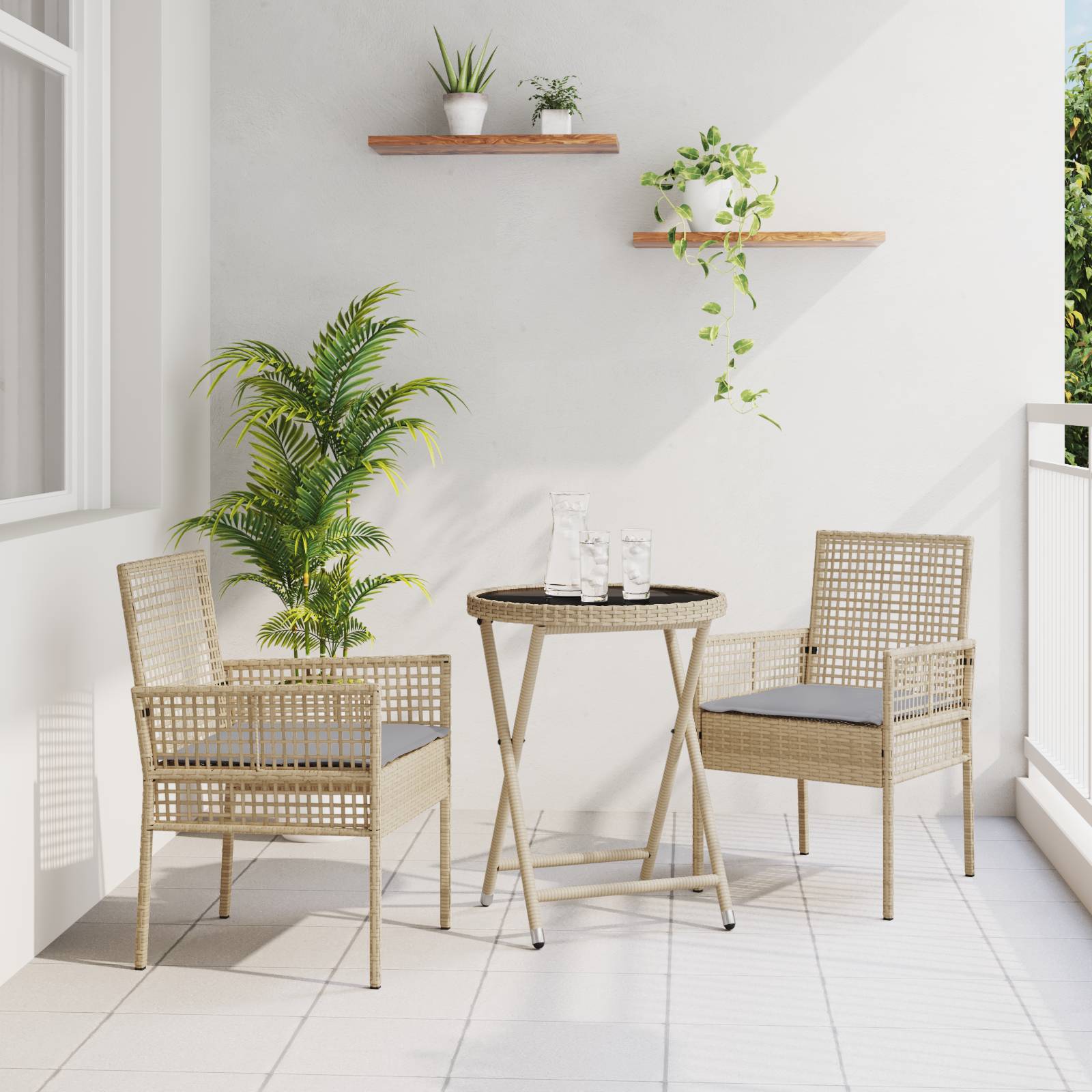 vidaXL 3-tlg. Garten-Bistroset mit Kissen Beige Poly Rattan