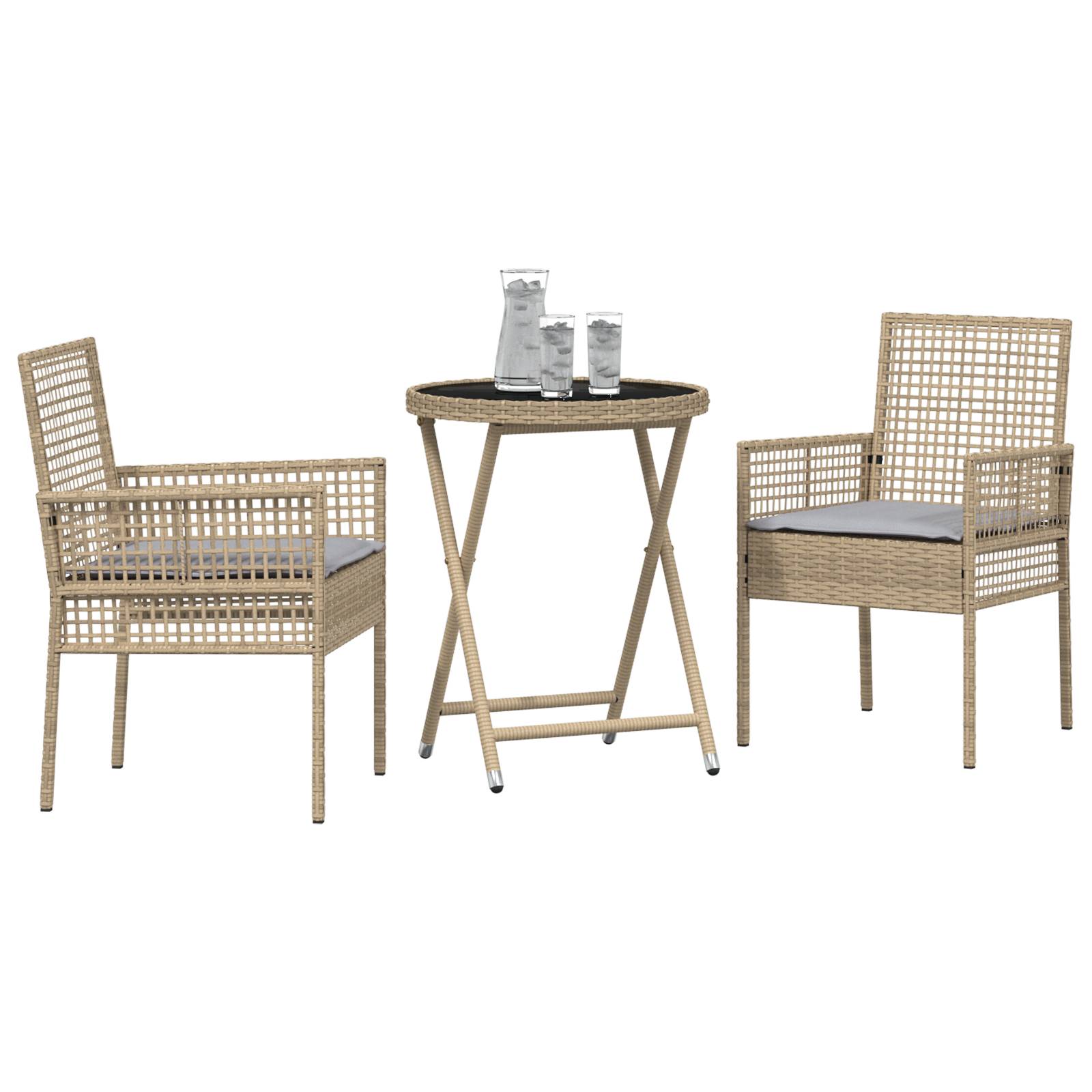 vidaXL 3-tlg. Garten-Bistroset mit Kissen Beige Poly Rattan