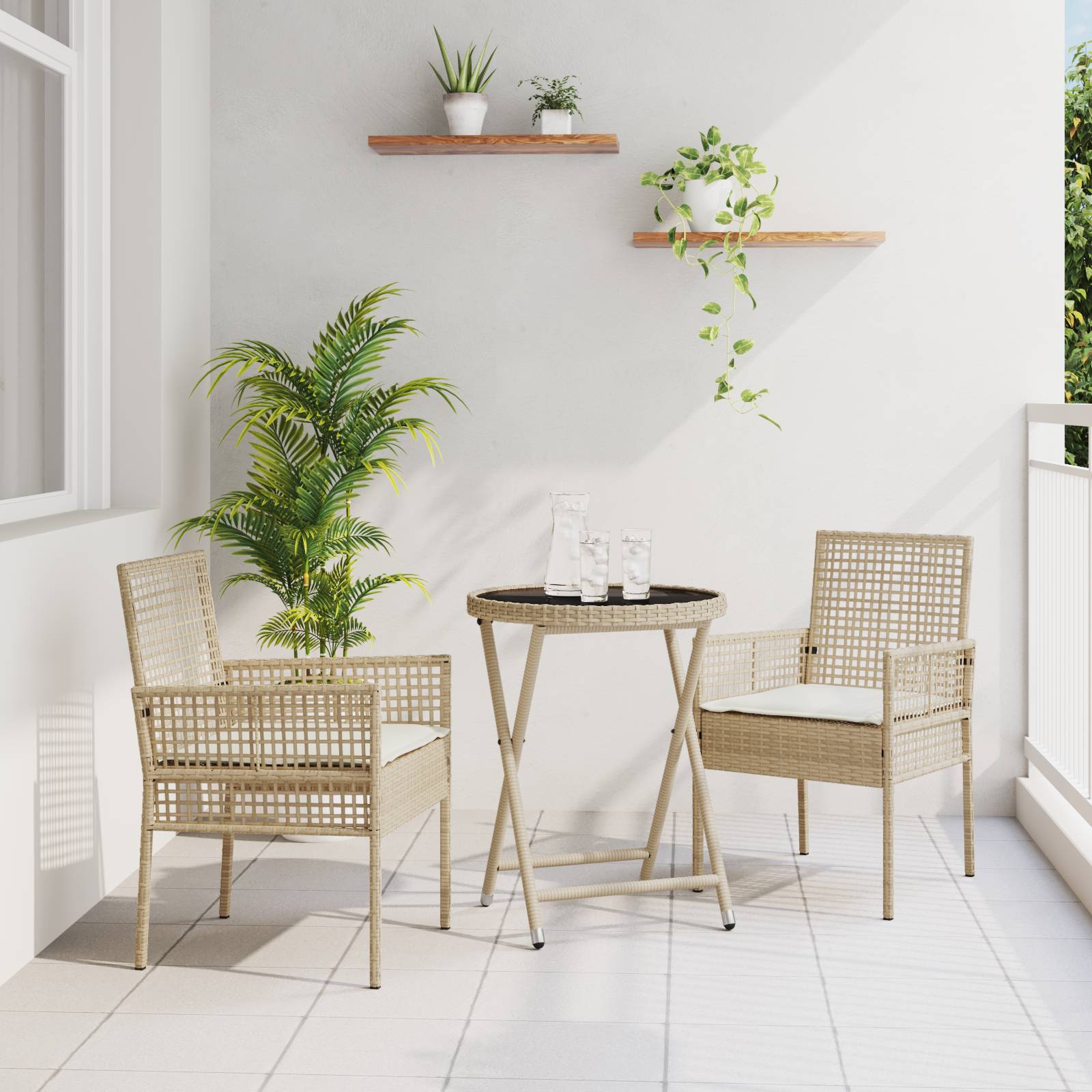 vidaXL 3-tlg. Garten-Bistroset mit Kissen Beige Poly Rattan