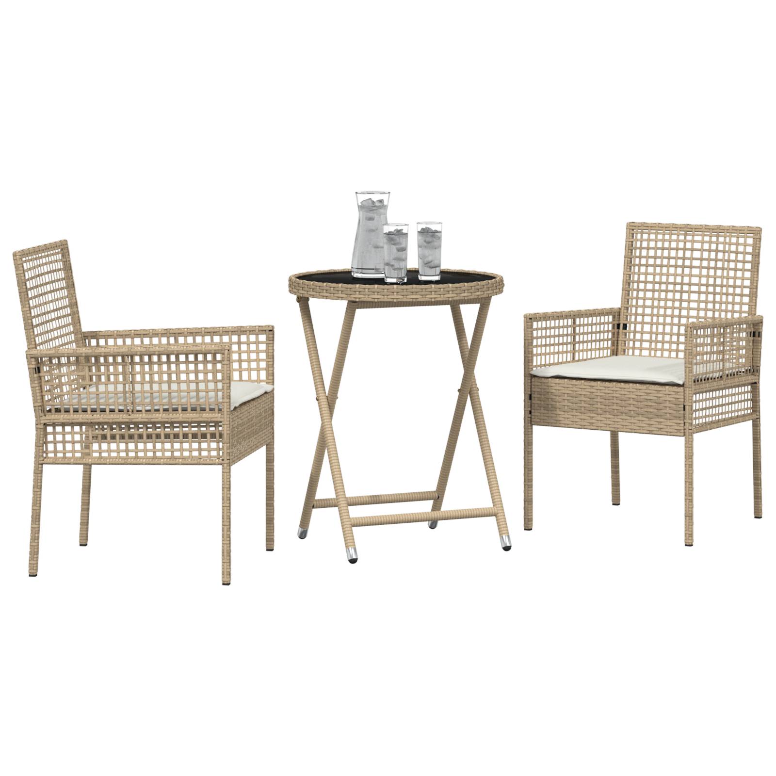 vidaXL 3-tlg. Garten-Bistroset mit Kissen Beige Poly Rattan