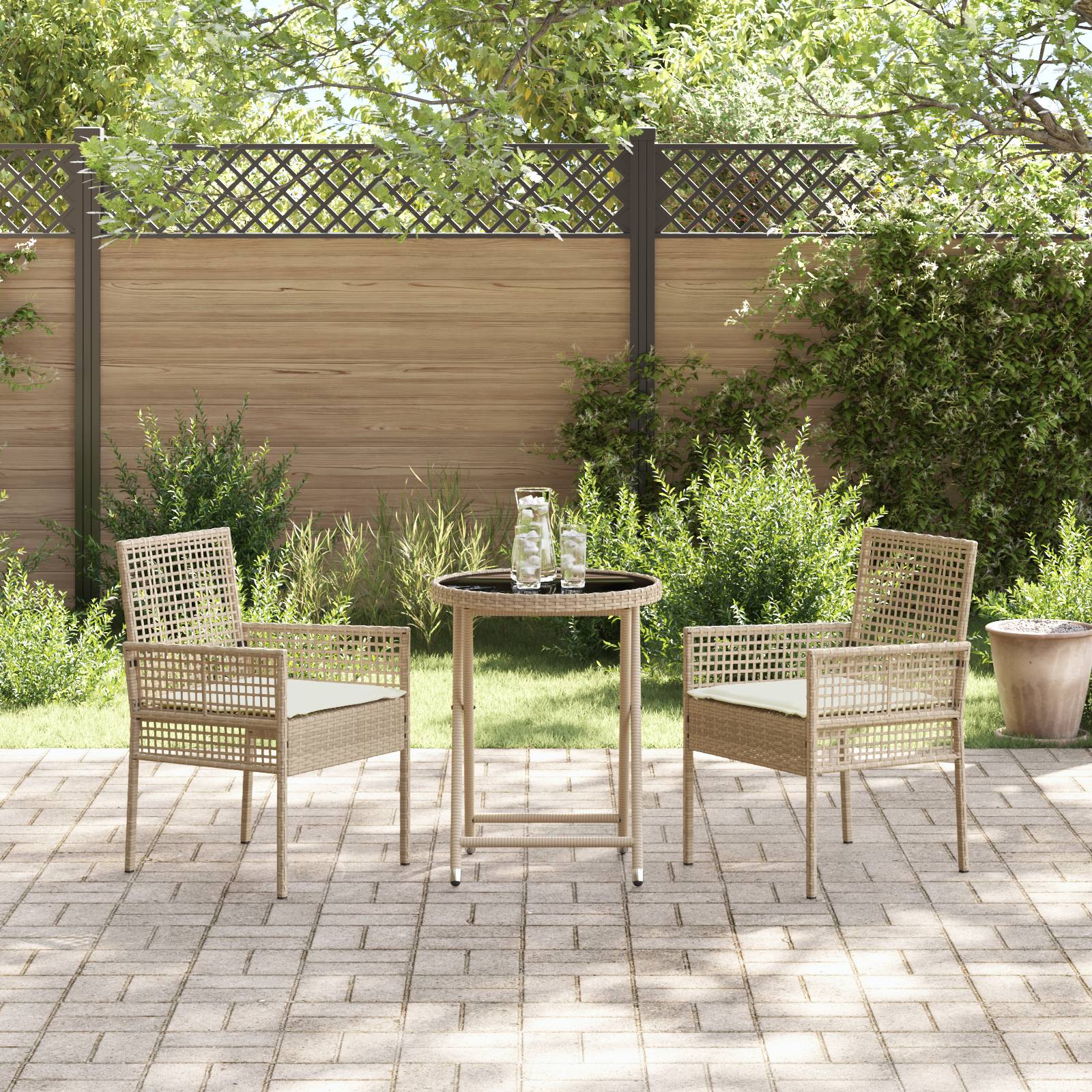 vidaXL 3-tlg. Garten-Bistroset mit Kissen Beige Poly Rattan