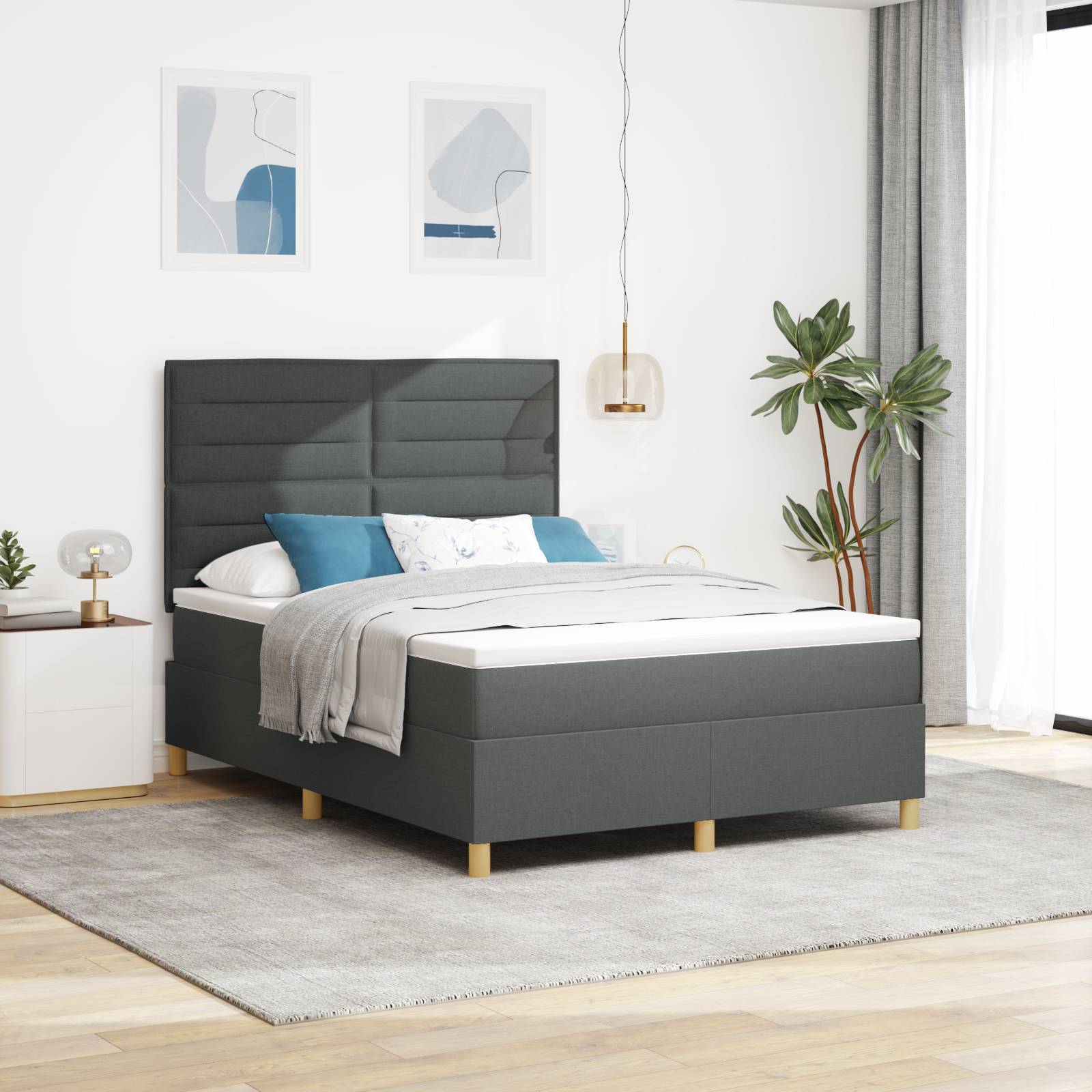 vidaXL LED Boxspringbett mit Matratze Dunkelgrau 140x200 cm Stoff