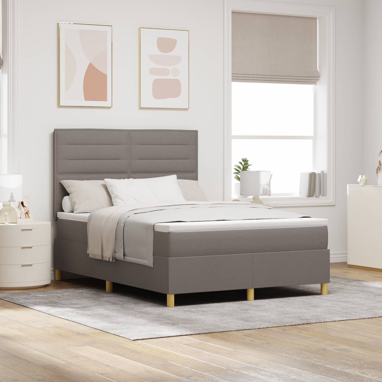 vidaXL LED Boxspringbett mit Matratze Taupe 140x200 cm Stoff