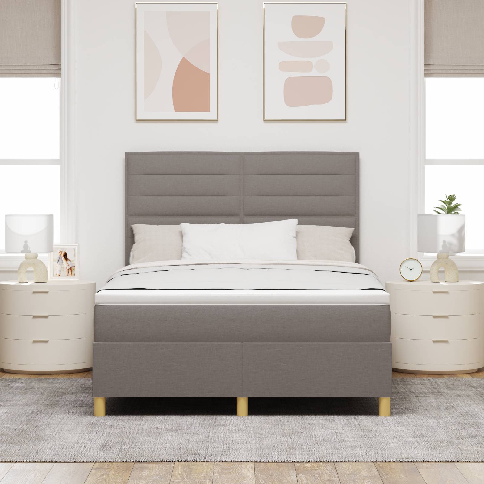 vidaXL LED Boxspringbett mit Matratze Taupe 140x200 cm Stoff