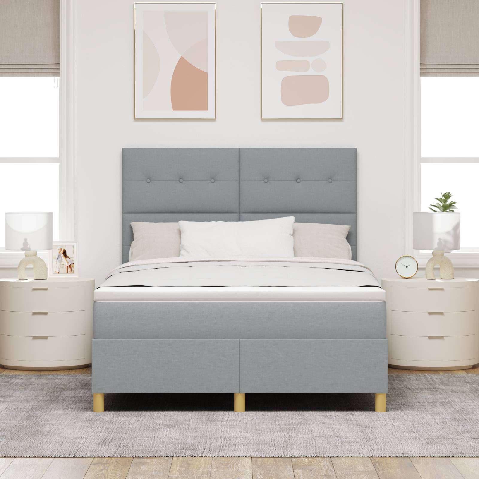 vidaXL LED Boxspringbett mit Matratze Hellgrau 140x190 cm Stoff