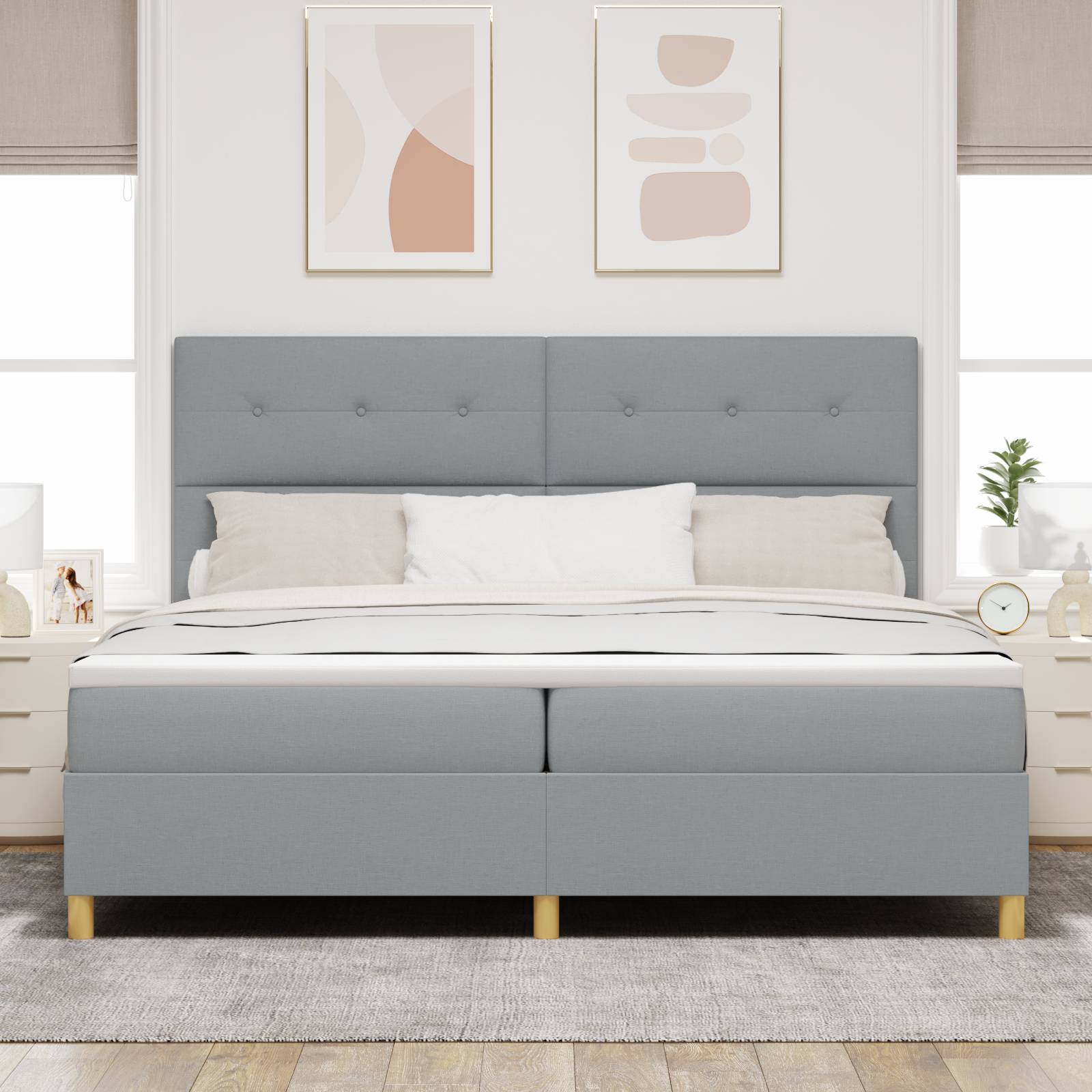 vidaXL Boxspringbett mit Matratze Hellgrau 200x200 cm Stoff