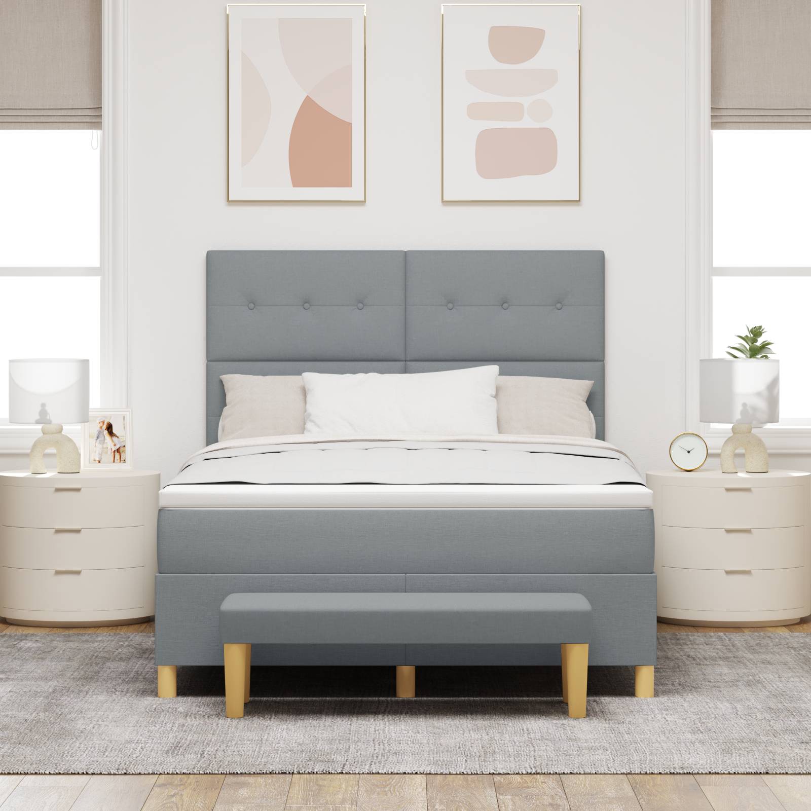 vidaXL Boxspringbett mit Matratze & Bank Hellgrau 140x200 cm Stoff