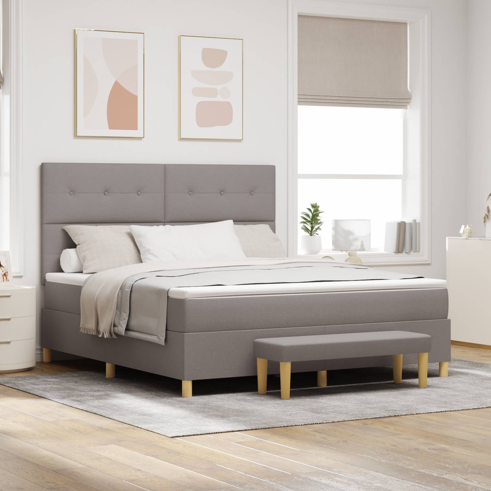 vidaXL Boxspringbett mit Matratze & Bank Taupe 180x200 cm Stoff
