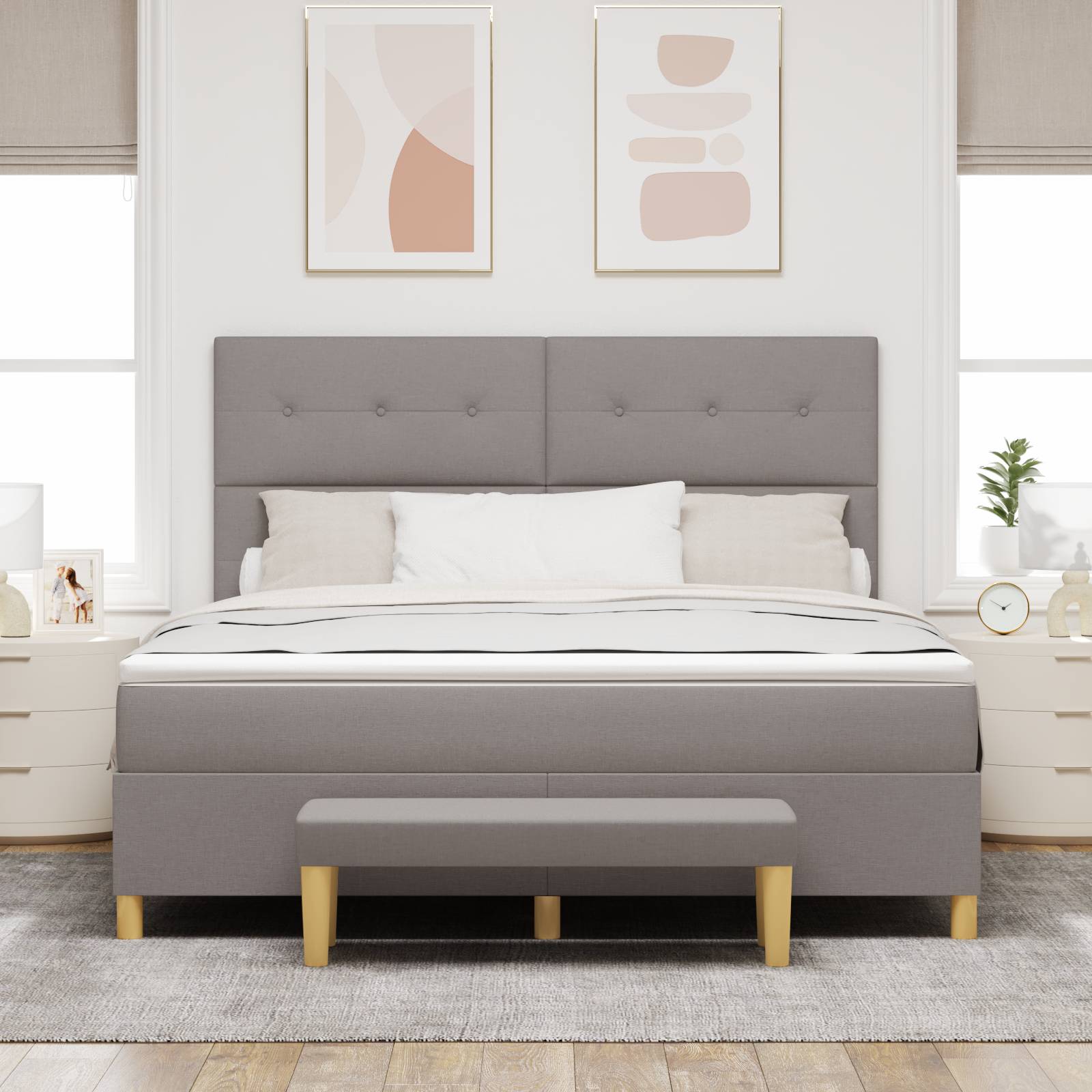 vidaXL Boxspringbett mit Matratze & Bank Taupe 180x200 cm Stoff