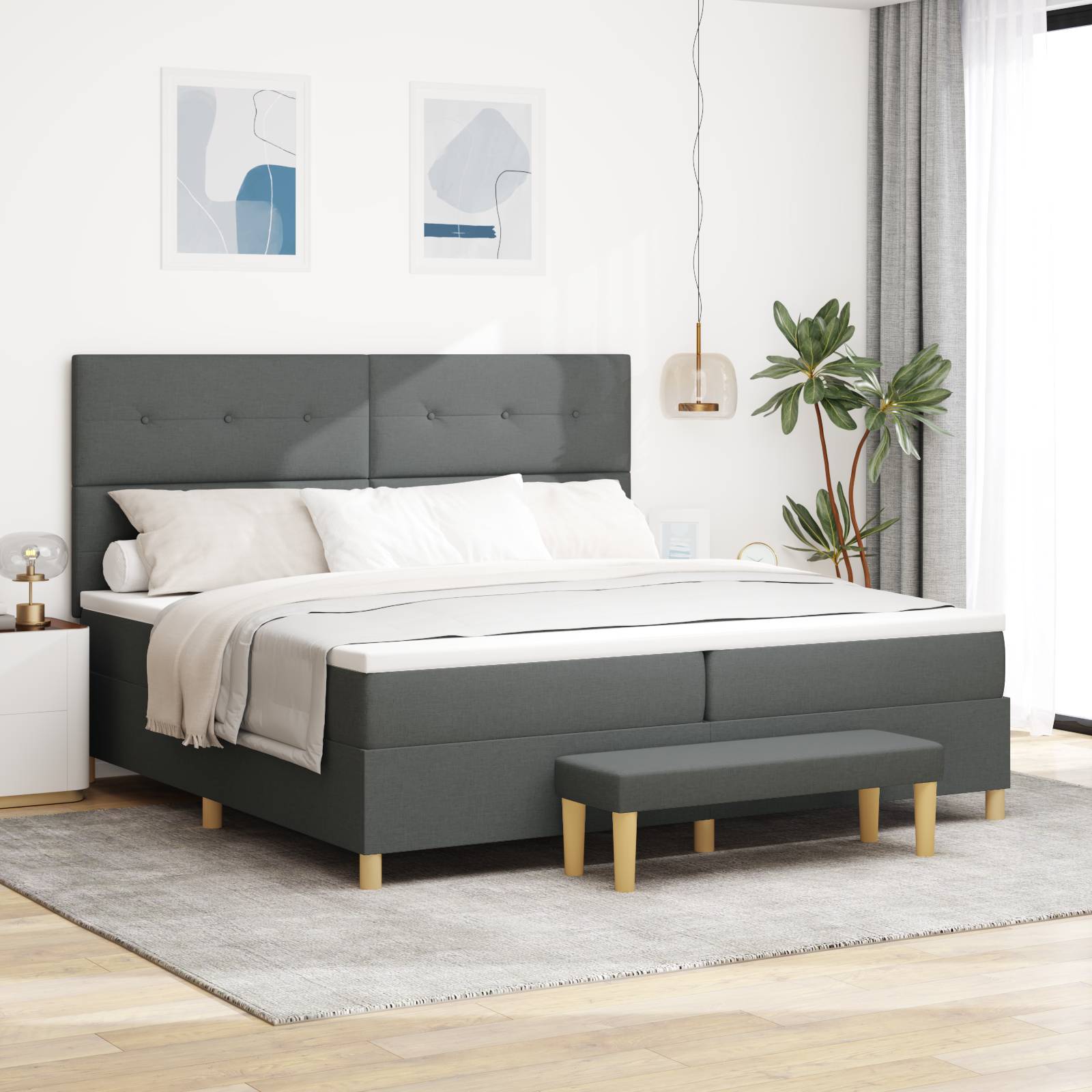 vidaXL Boxspringbett mit Matratze & Bank Dunkelgrau 200x200 cm Stoff