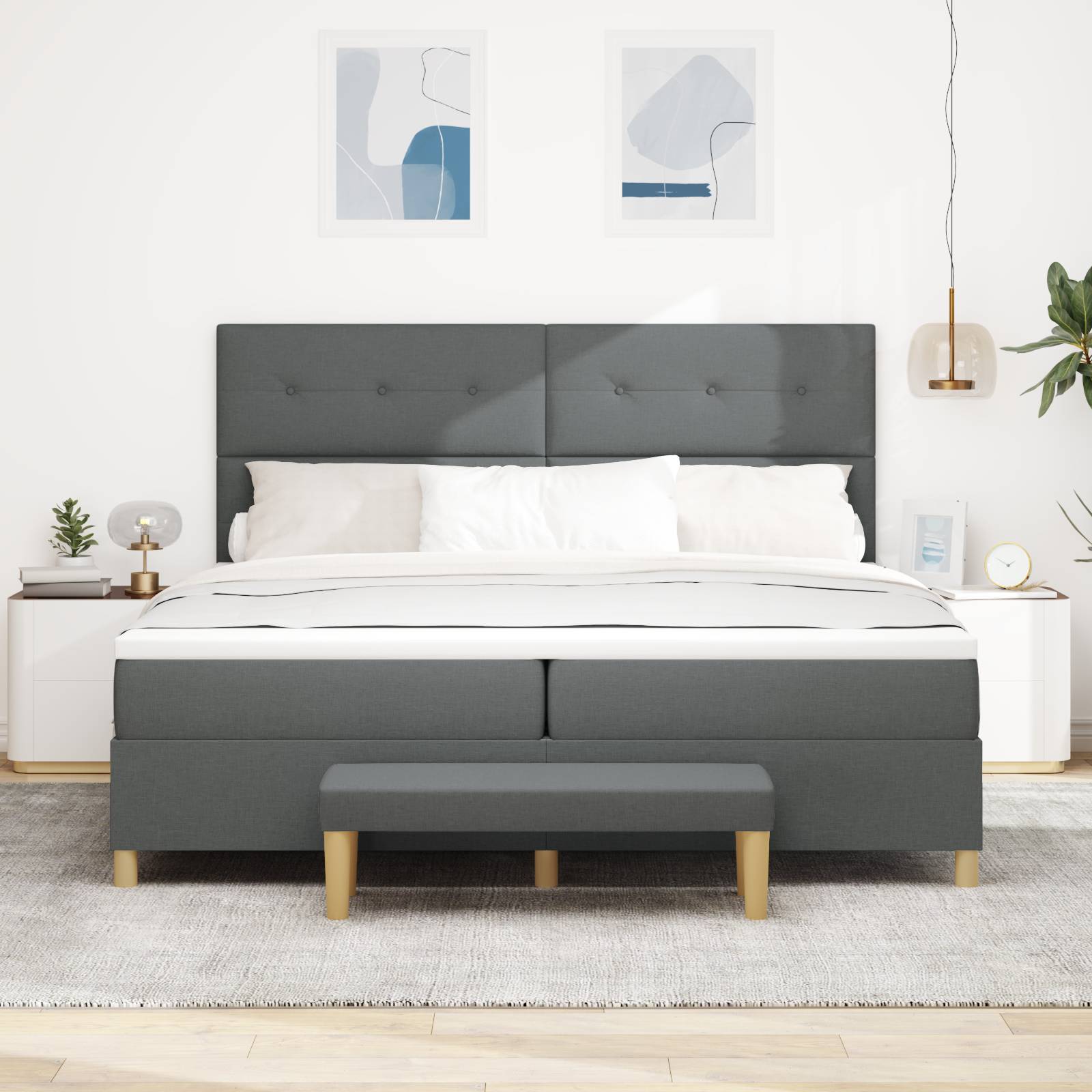 vidaXL Boxspringbett mit Matratze &amp; Bank Dunkelgrau 200x200 cm Stoff