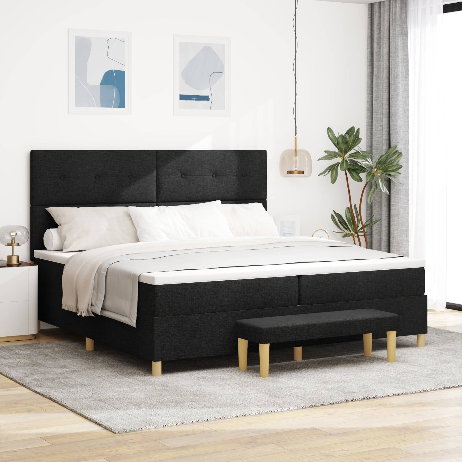 vidaXL Boxspringbett mit Matratze & Bank Schwarz 200x200 cm Stoff