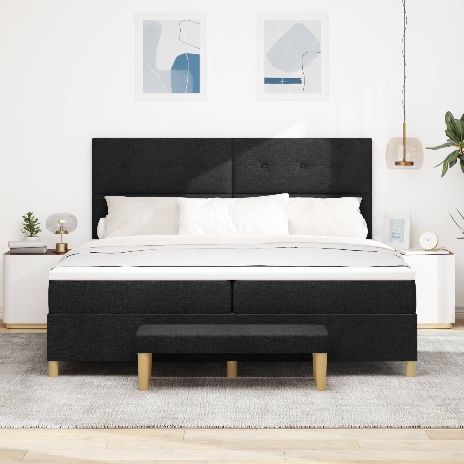vidaXL Boxspringbett mit Matratze & Bank Schwarz 200x200 cm Stoff