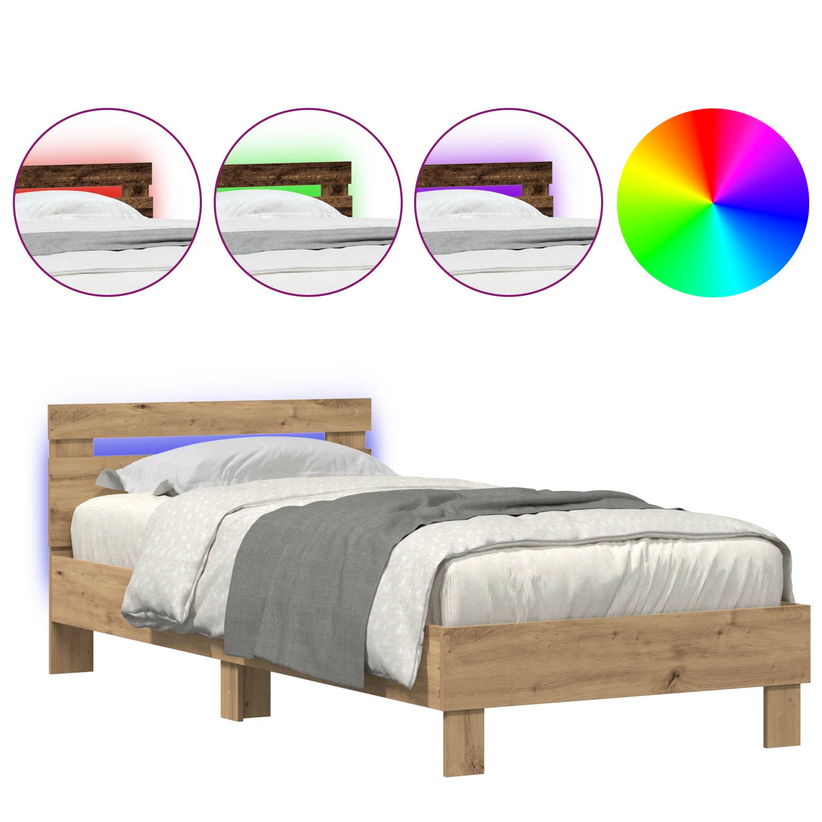 vidaXL Bettgestell mit LED-Leuchten Artisan Eiche 75x190 cm
