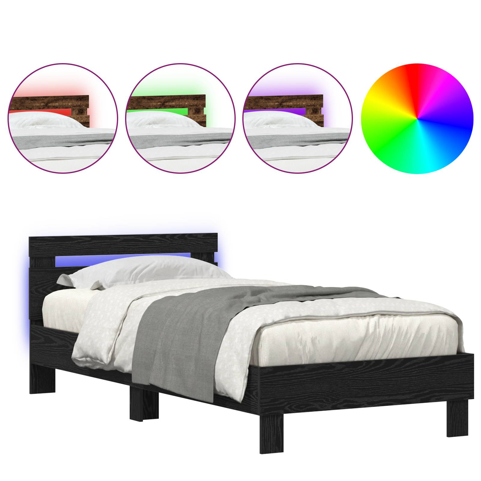 vidaXL Bettgestell mit LED-Leuchten Schwarz Eiche 100x200 cm