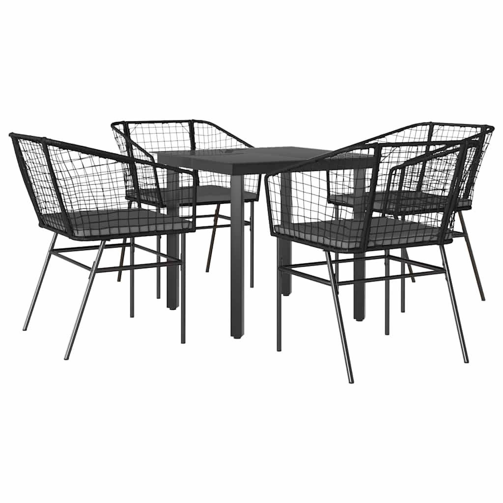 vidaXL 5-tlg. Garten-Essgruppe mit Kissen Schwarz Poly Rattan Glas