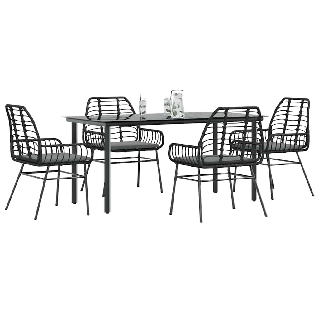 vidaXL 5-tlg. Garten-Essgruppe mit Kissen Schwarz Poly Rattan Glas