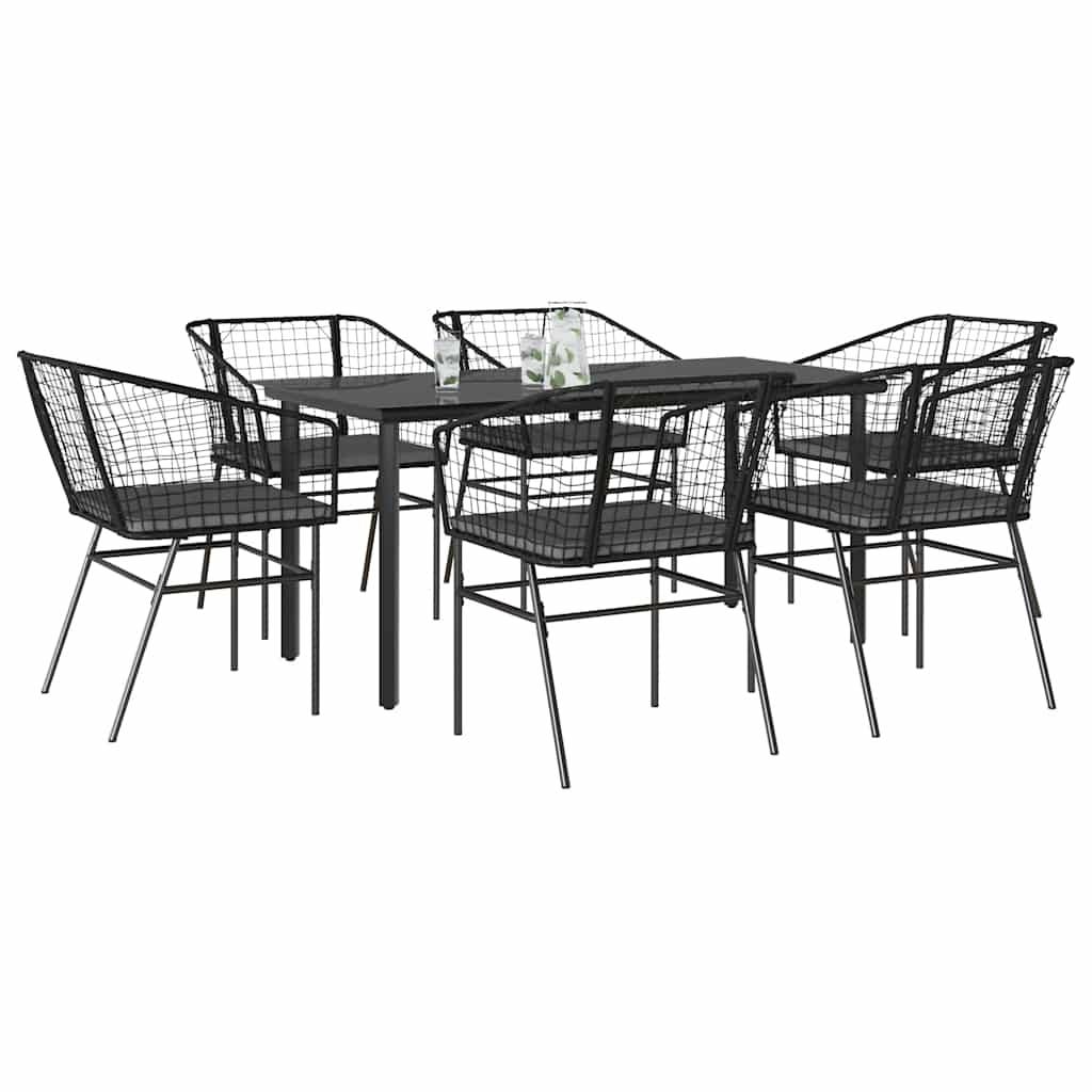 vidaXL 7-tlg. Garten-Essgruppe mit Kissen Schwarz Poly Rattan Glas