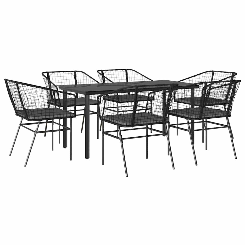 vidaXL 7-tlg. Garten-Essgruppe mit Kissen Schwarz Poly Rattan Glas