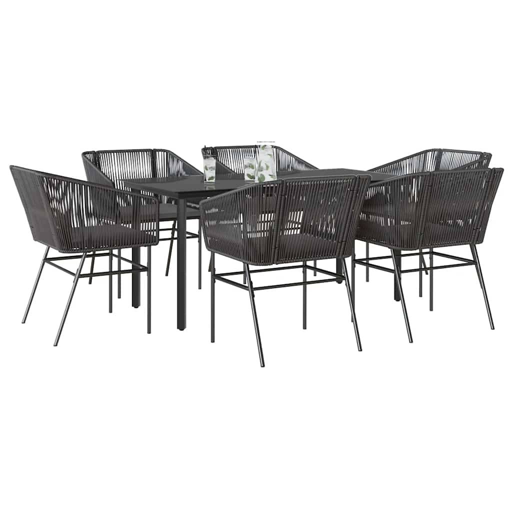 vidaXL 7-tlg. Garten-Essgruppe mit Kissen Schwarz Poly Rattan Glas