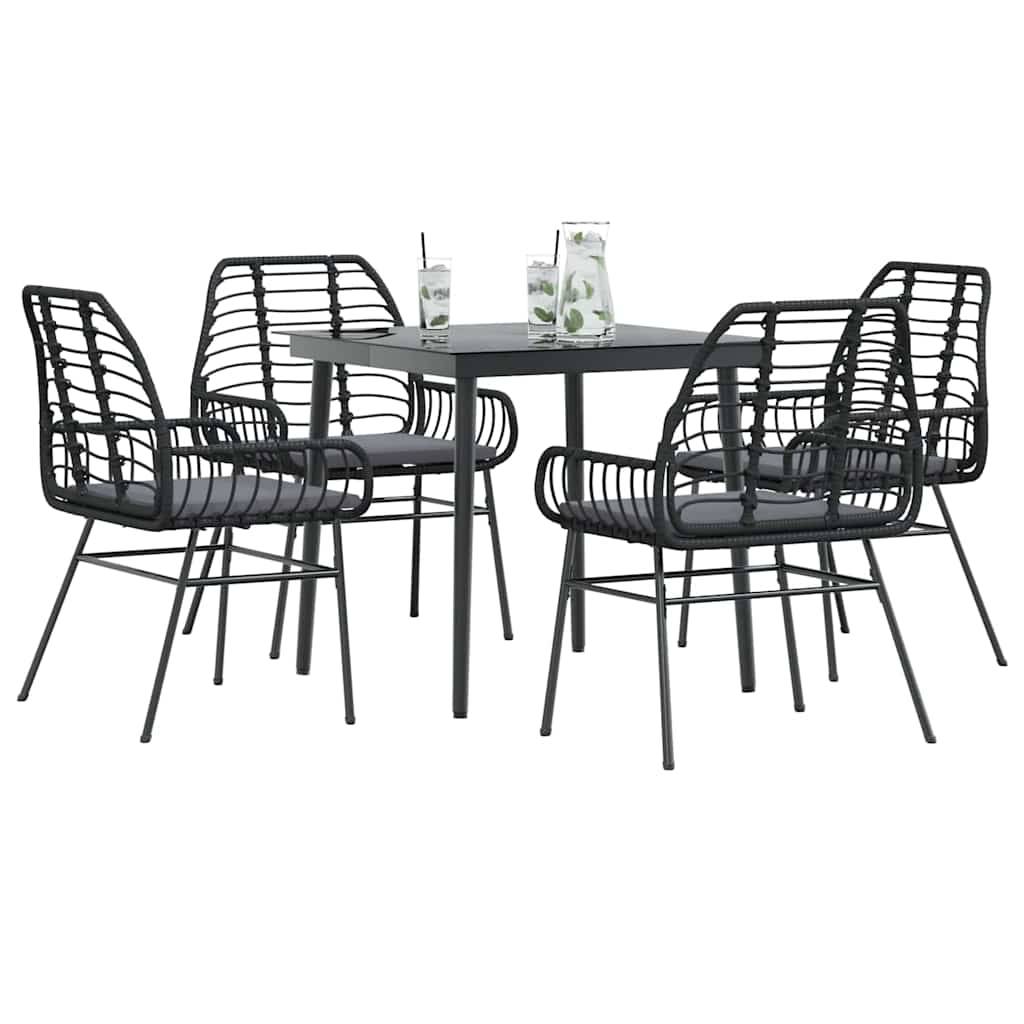vidaXL 5-tlg. Garten-Essgruppe mit Kissen Schwarz Poly Rattan Glas