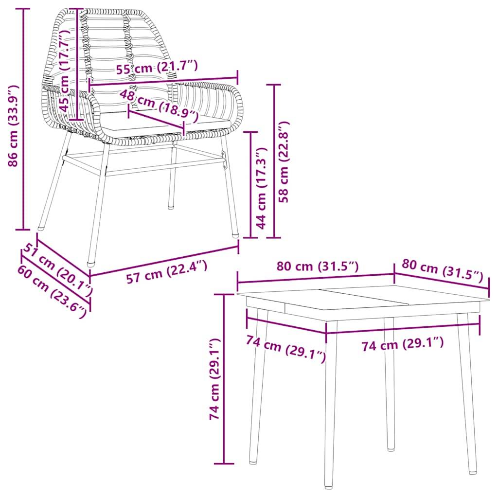 vidaXL 5-tlg. Garten-Essgruppe mit Kissen Braun Poly Rattan Glas