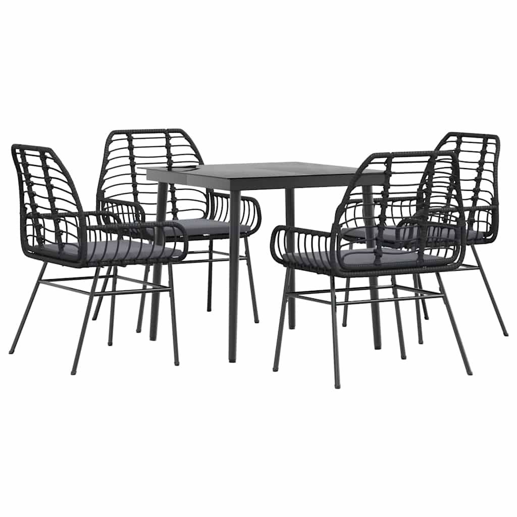 vidaXL 5-tlg. Garten-Essgruppe mit Kissen Schwarz Poly Rattan Glas