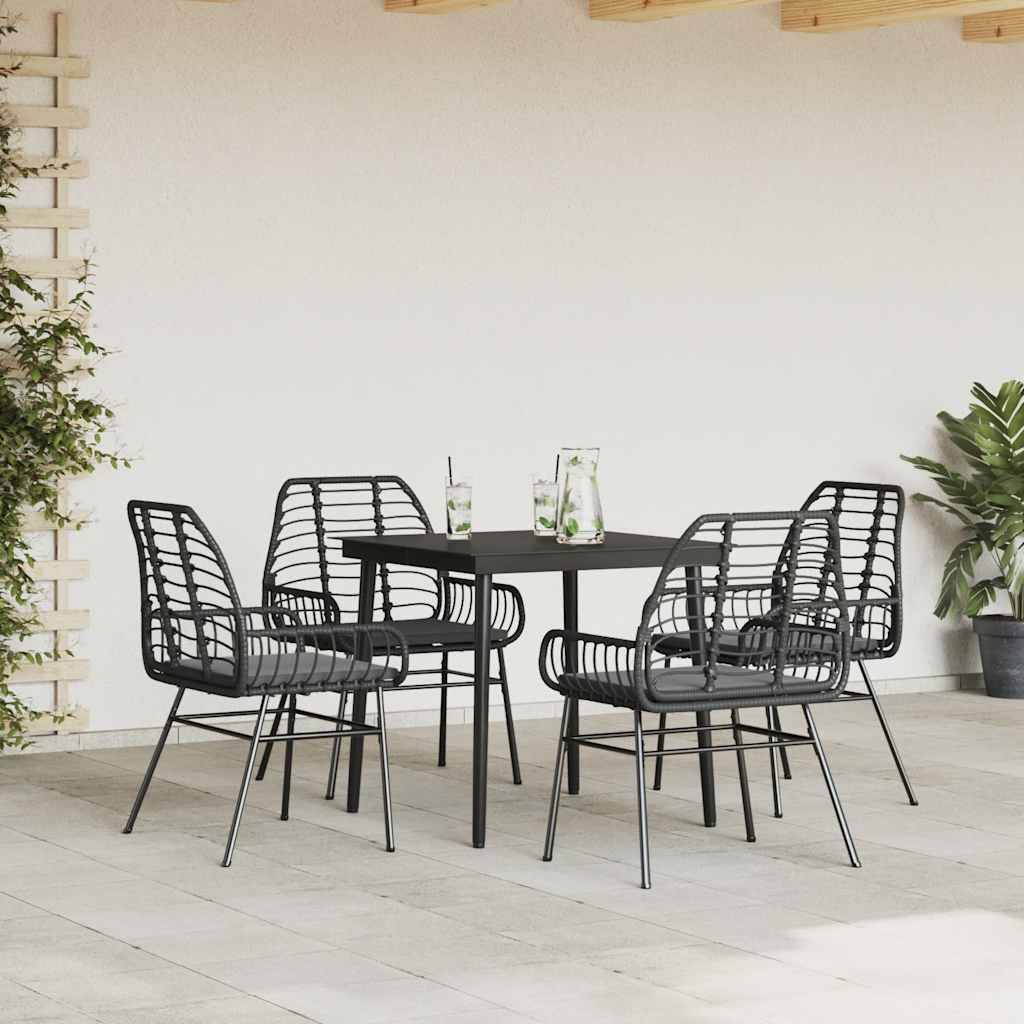 vidaXL 5-tlg. Garten-Essgruppe mit Kissen Schwarz Poly Rattan Glas