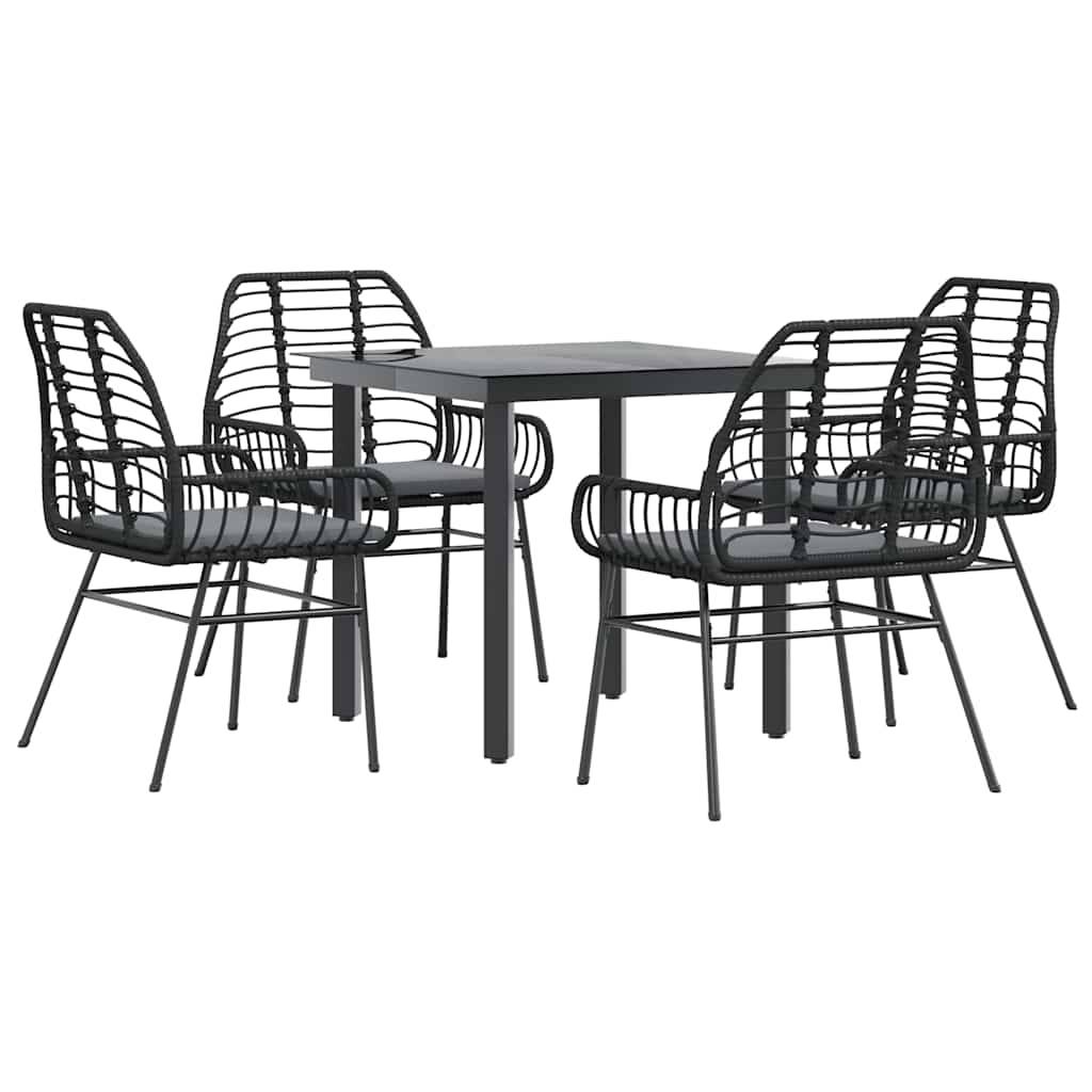 vidaXL 5-tlg. Garten-Essgruppe mit Kissen Schwarz Poly Rattan Glas
