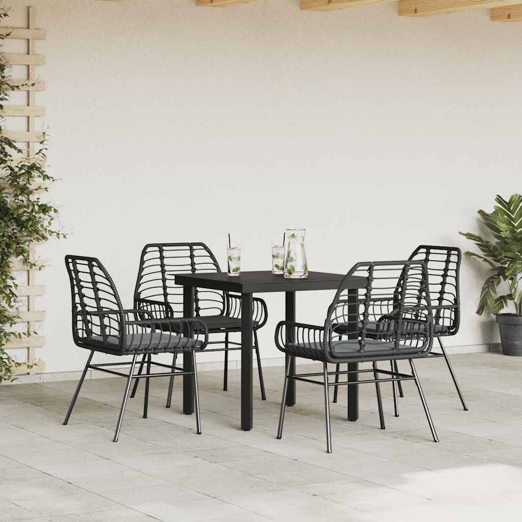 vidaXL 5-tlg. Garten-Essgruppe mit Kissen Schwarz Poly Rattan Glas