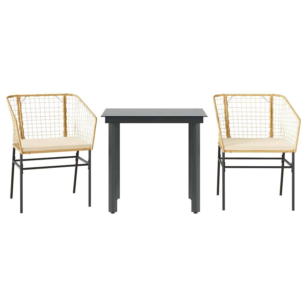 vidaXL 3-tlg. Garten-Essgruppe mit Kissen Braun Poly Rattan Glas