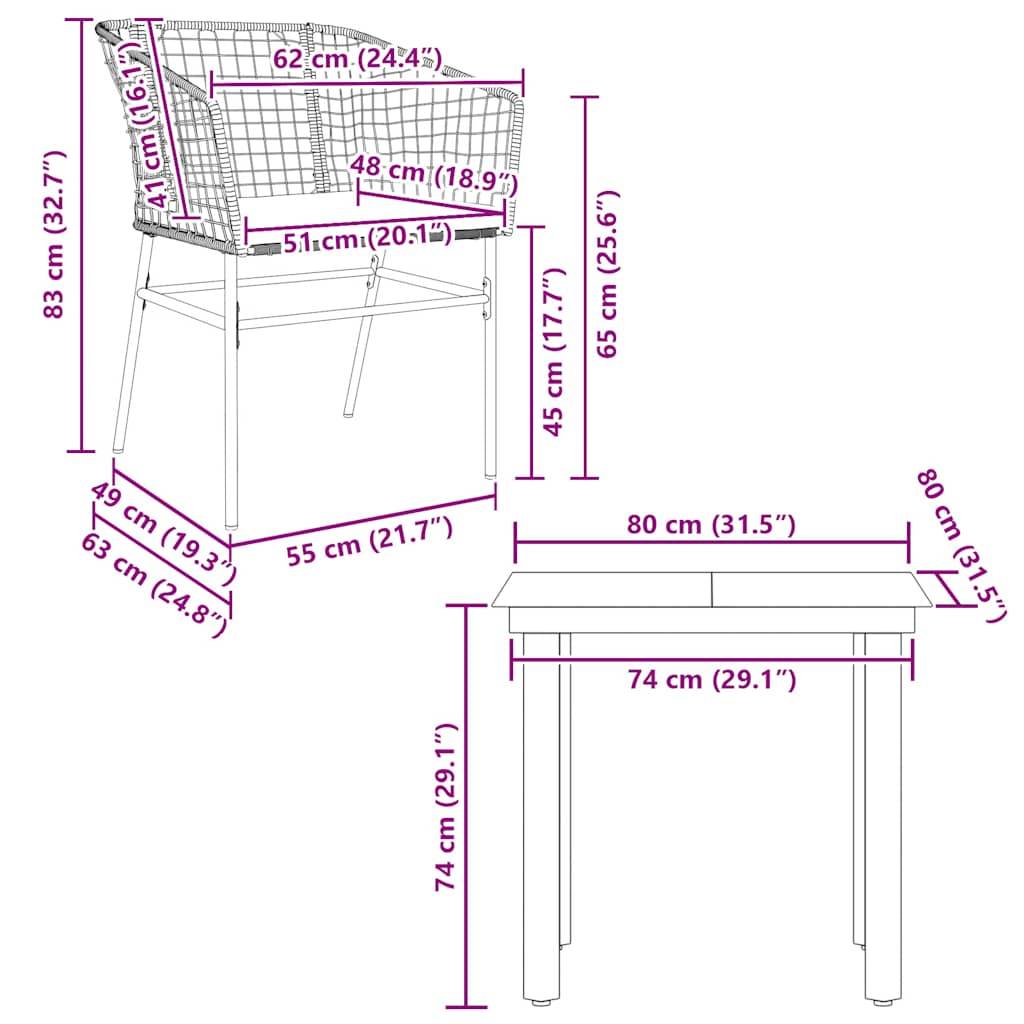 vidaXL 3-tlg. Garten-Essgruppe mit Kissen Braun Poly Rattan Glas