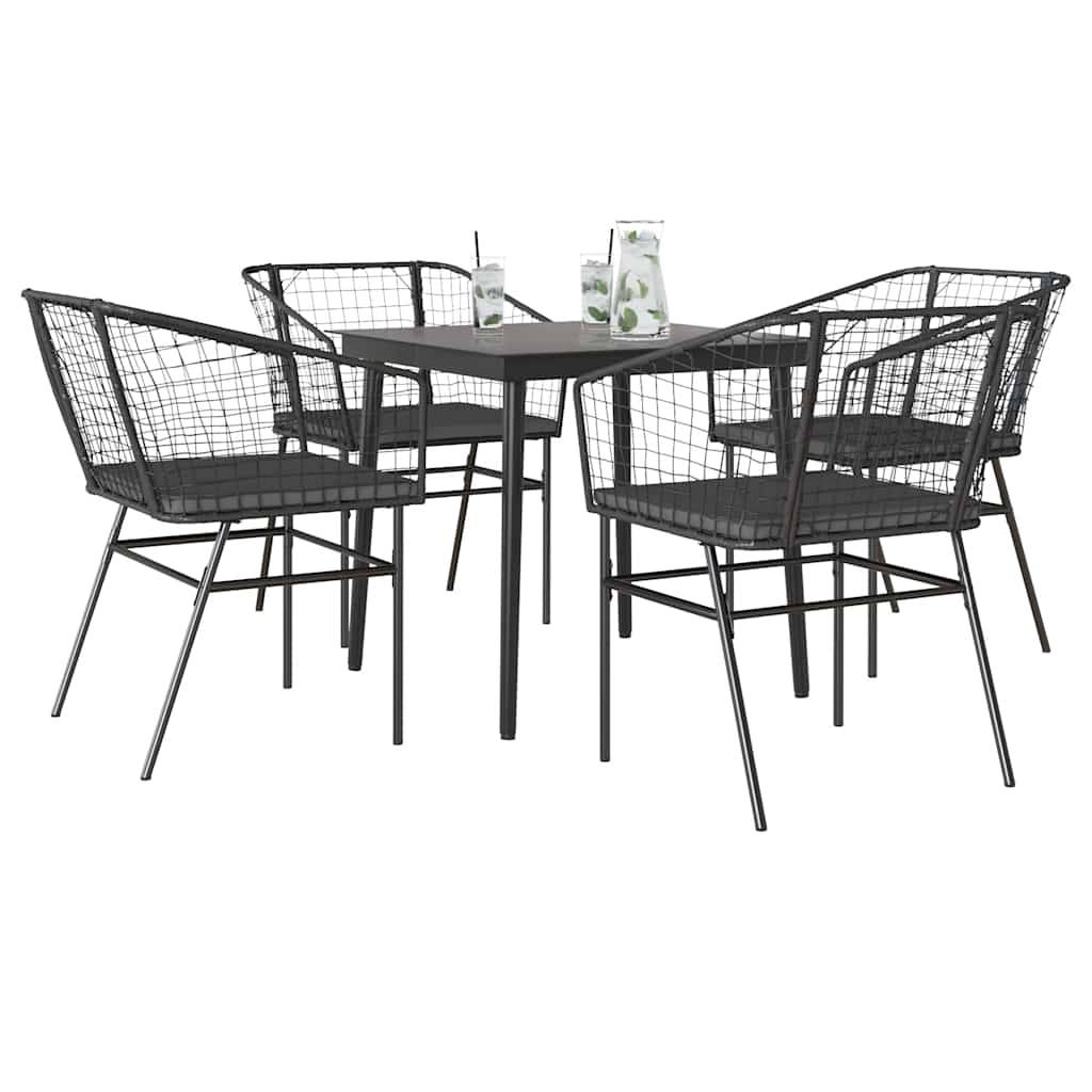 vidaXL 5-tlg. Garten-Essgruppe mit Kissen Schwarz Poly Rattan Glas