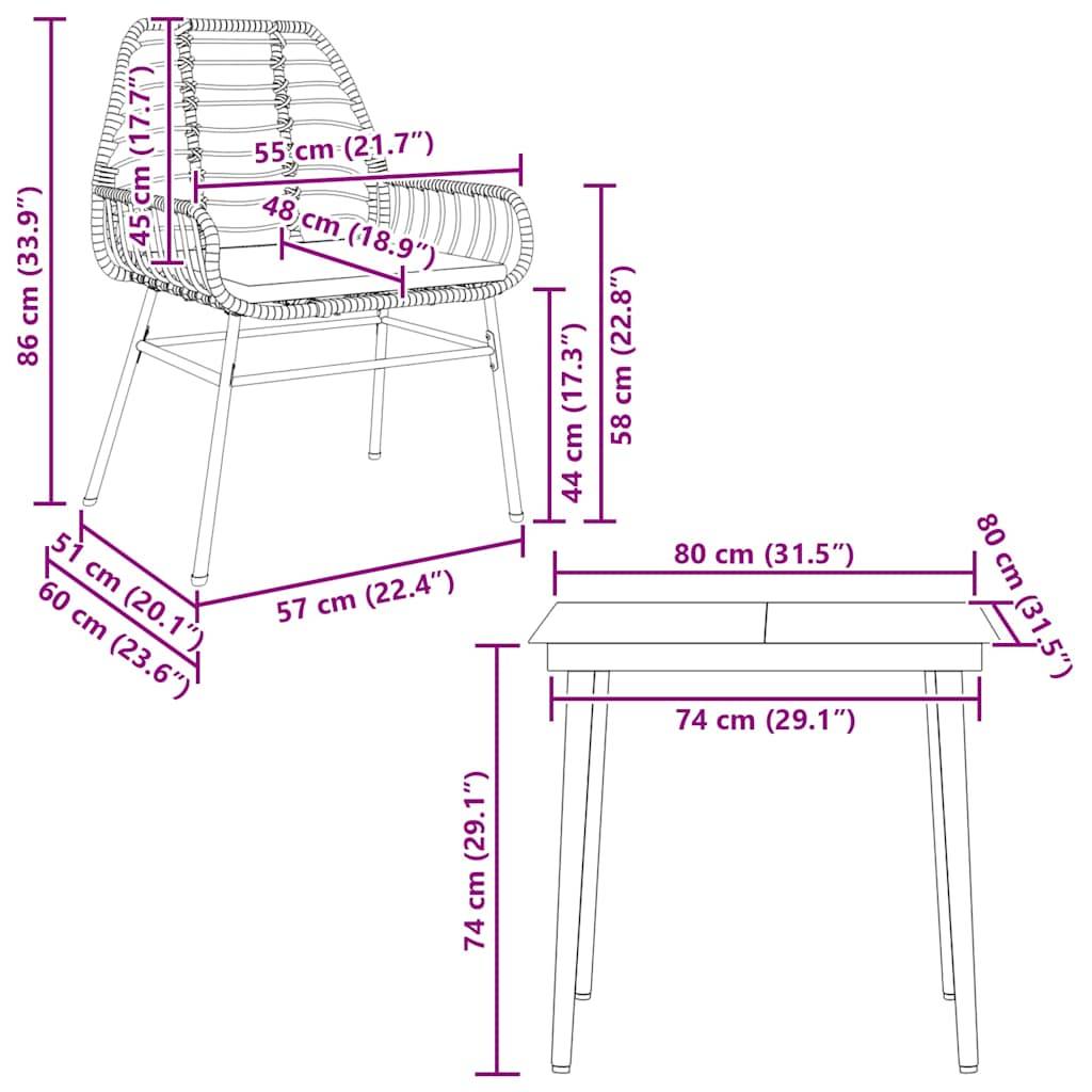 vidaXL 3-tlg. Garten-Essgruppe mit Kissen Braun Poly Rattan Glas