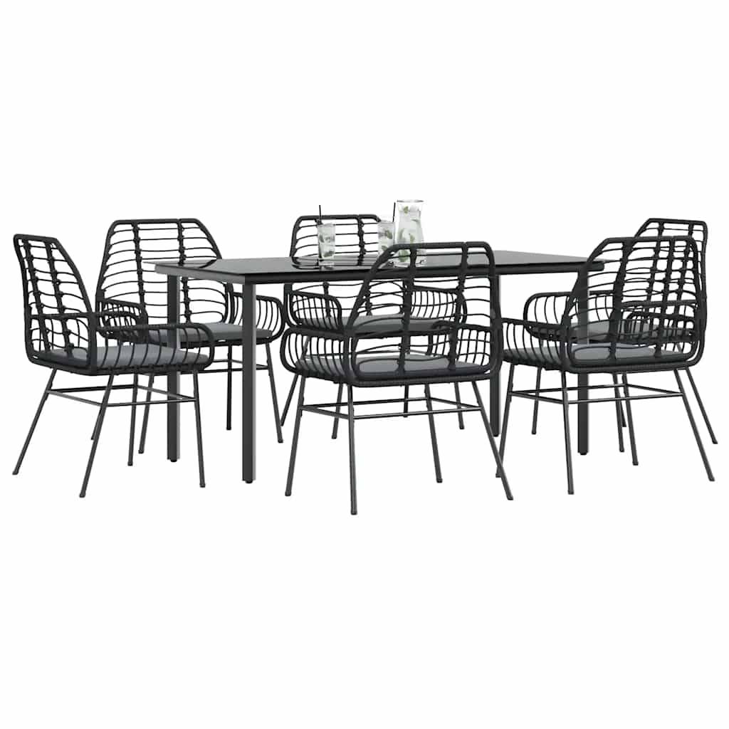 vidaXL 7-tlg. Garten-Essgruppe mit Kissen Schwarz Poly Rattan Glas