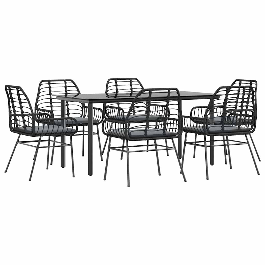 vidaXL 7-tlg. Garten-Essgruppe mit Kissen Schwarz Poly Rattan Glas