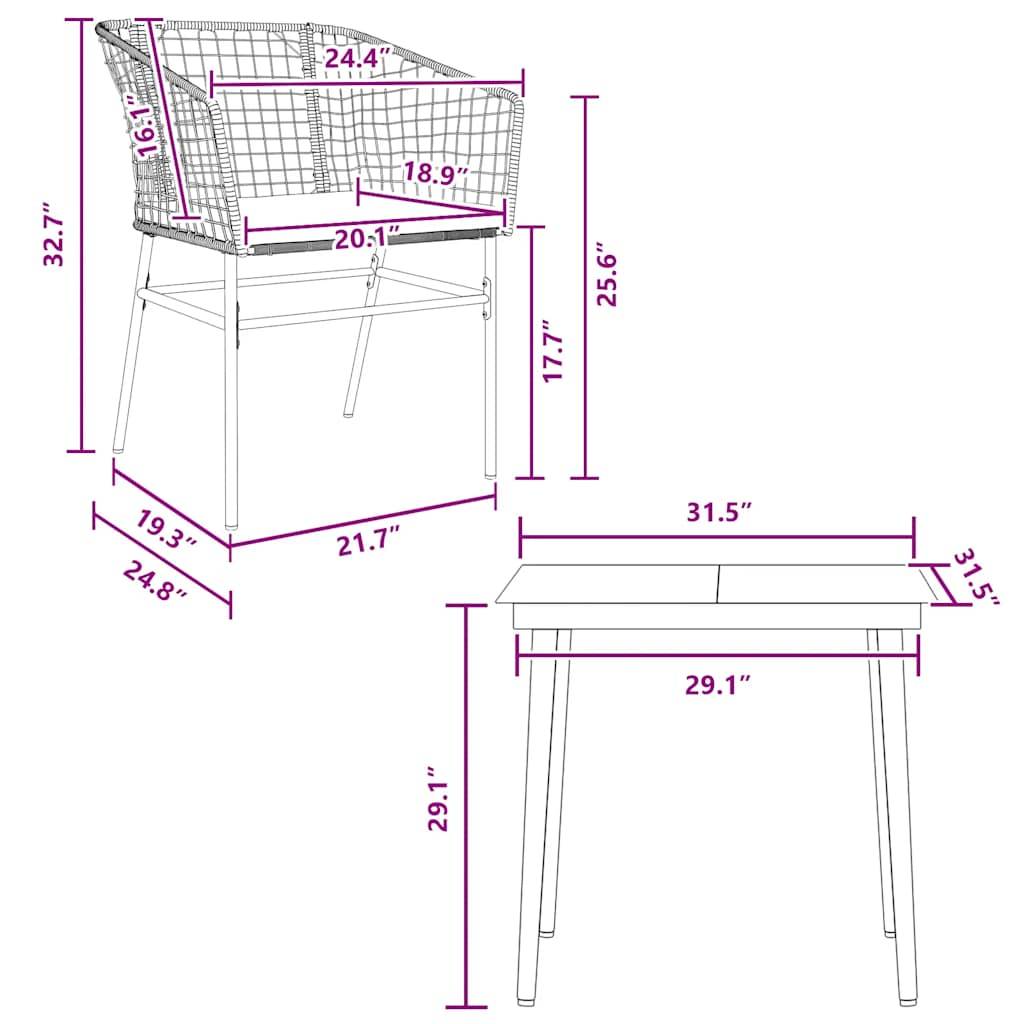 vidaXL 3-tlg. Garten-Essgruppe mit Kissen Braun Poly Rattan Glas