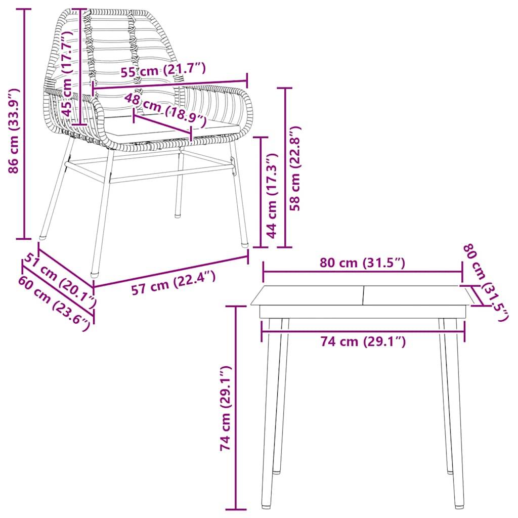 vidaXL 3-tlg. Garten-Essgruppe mit Kissen Schwarz Poly Rattan Glas