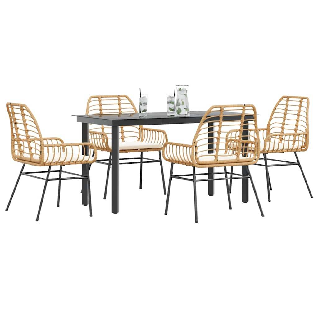 vidaXL 5-tlg. Garten-Essgruppe mit Kissen Braun Poly Rattan Glas