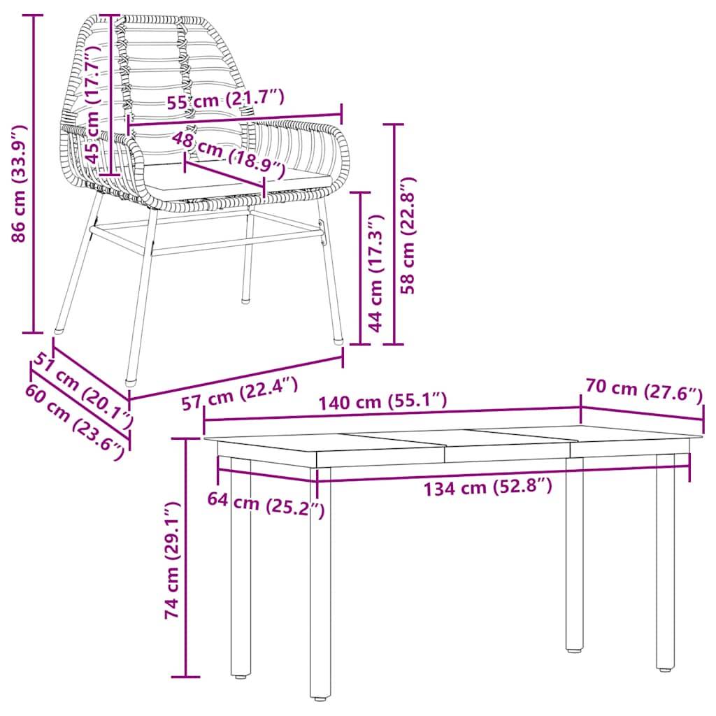 vidaXL 5-tlg. Garten-Essgruppe mit Kissen Braun Poly Rattan Glas
