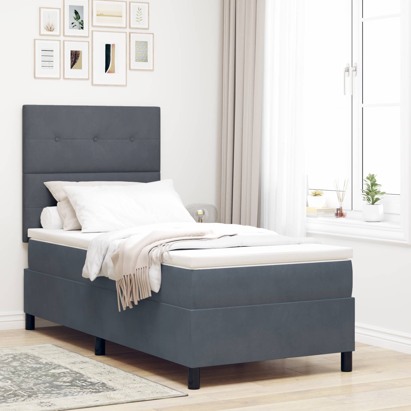 vidaXL Boxspringbett mit Matratze Dunkelgrau 100x200 cm Samt