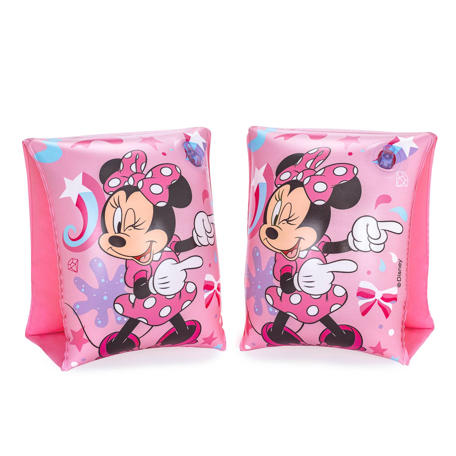Zwei rosa aufblasbare Minnie Maus Schwimmarmbändchen mit Cartoon-Grafiken auf weißem Hintergrund.