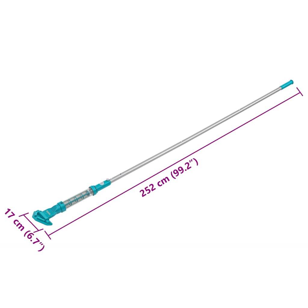 Poolreinigungsstange aus Metall, ausziehbar auf 252 cm (99,2 Zoll) lang und 17 cm (6,7 Zoll) hoch mit aquafarbenen Kunststoffbeschlägen.
