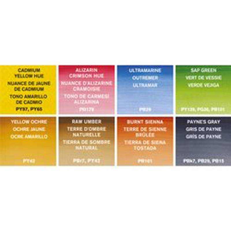 Farbkarte mit verschiedenen Farbtonuancen und Text auf Englisch, Französisch und Spanisch. Farben umfassen Kadmiumgelb, Alizarinkarmin, Ultramarinblau, Saftgrün usw., mit entsprechenden Codes.